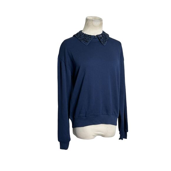 J. Crew navy blue long sleeves sequin collar detail top size XS - Picture 10 of 14
